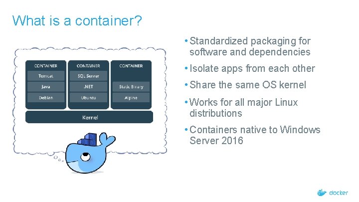 What is a container? • Standardized packaging for software and dependencies • Isolate apps