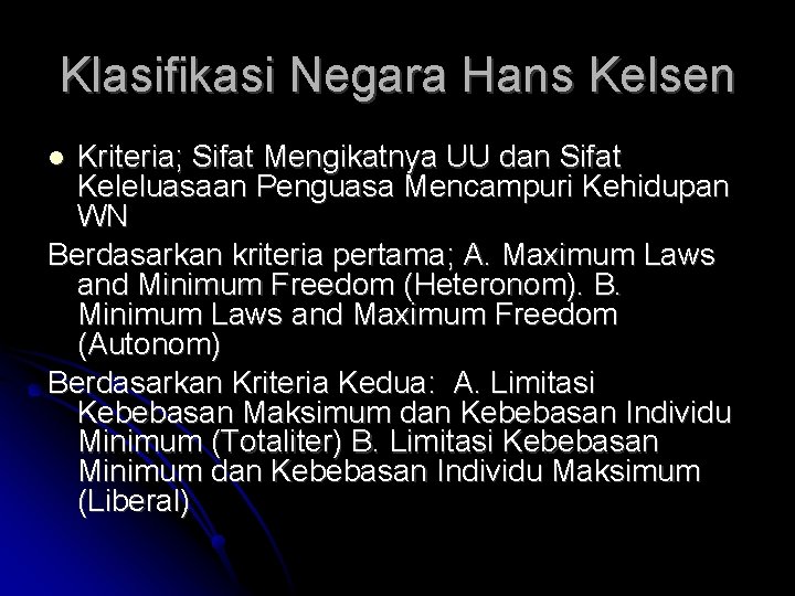 Klasifikasi Negara Hans Kelsen Kriteria; Sifat Mengikatnya UU dan Sifat Keleluasaan Penguasa Mencampuri Kehidupan