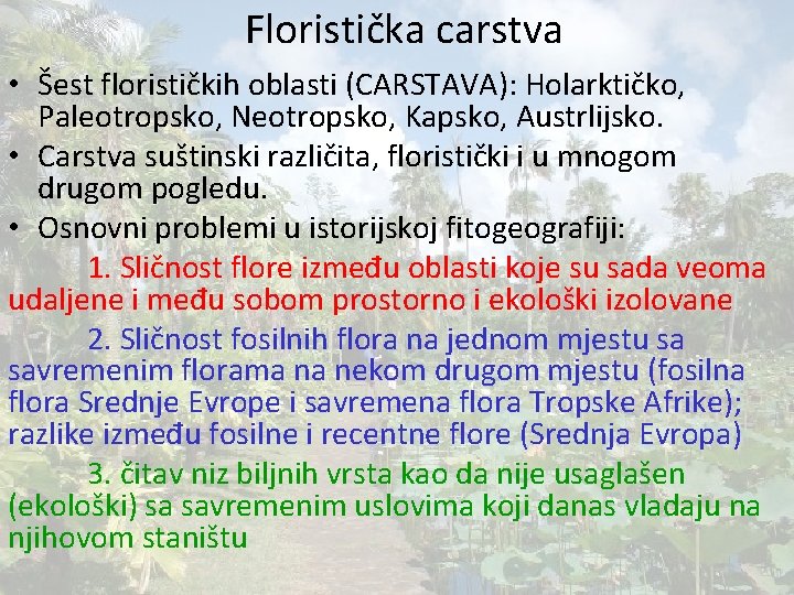 Floristička carstva • Šest florističkih oblasti (CARSTAVA): Holarktičko, Paleotropsko, Neotropsko, Kapsko, Austrlijsko. • Carstva