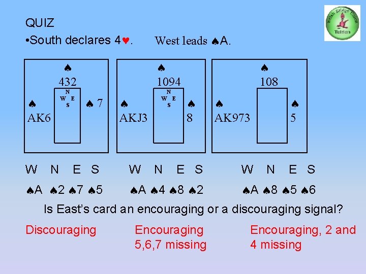 QUIZ • South declares 4. 432 1094 N W E S AK 6 W