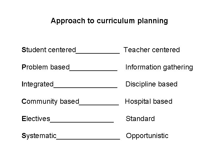 Approach to curriculum planning Student centered______ Teacher centered Problem based______ Information gathering Integrated________ Discipline