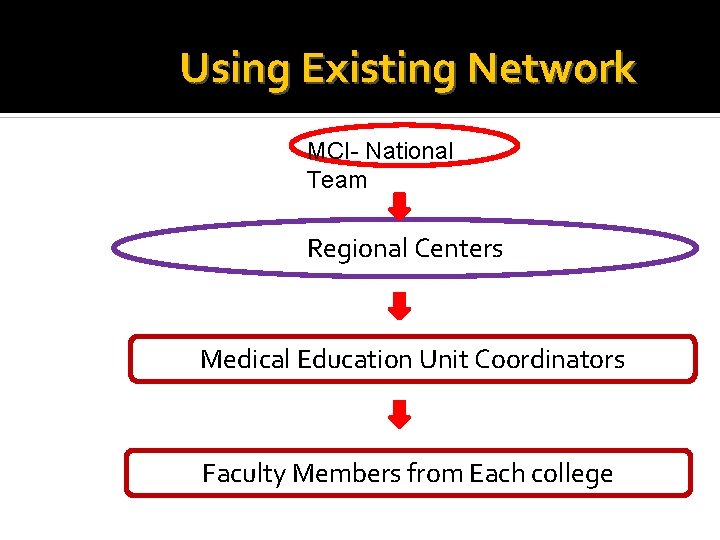 Using Existing Network MCI- National Team Regional Centers Medical Education Unit Coordinators Faculty Members