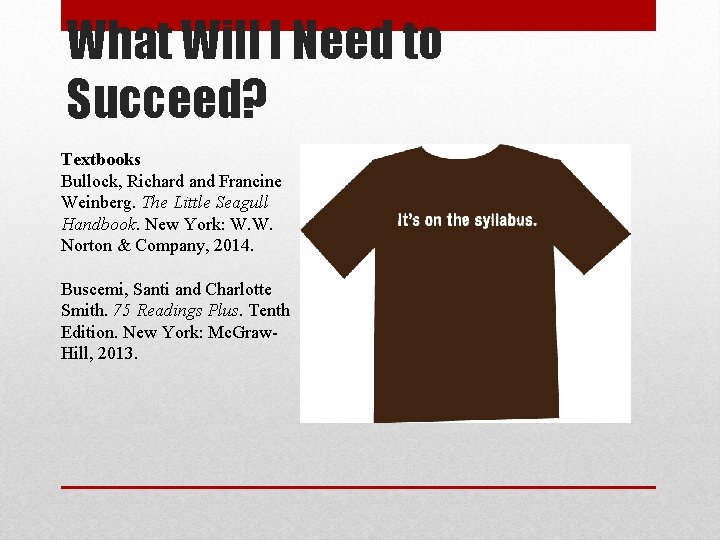 What Will I Need to Succeed? Textbooks Bullock, Richard and Francine Weinberg. The Little