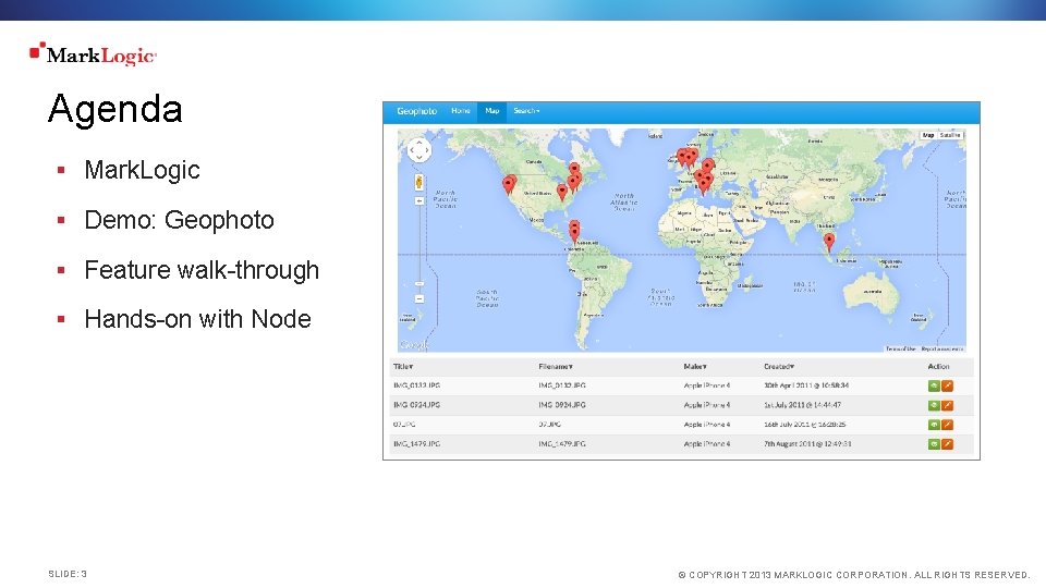 Agenda § Mark. Logic § Demo: Geophoto § Feature walk-through § Hands-on with Node