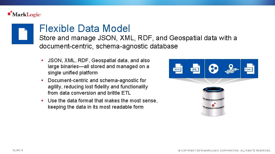 Flexible Data Model Store and manage JSON, XML, RDF, and Geospatial data with a