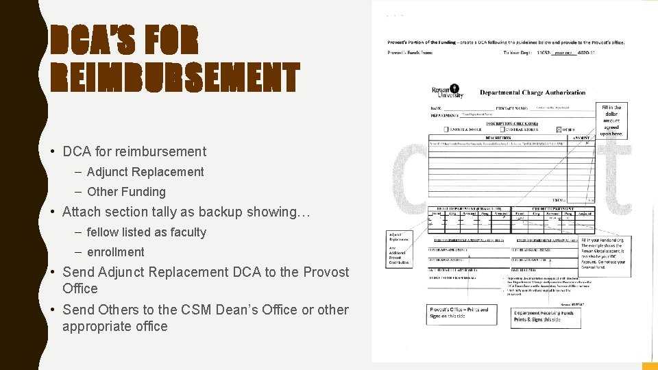 DCA’S FOR REIMBURSEMENT • DCA for reimbursement – Adjunct Replacement – Other Funding •