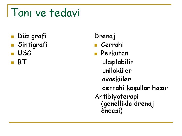 Tanı ve tedavi n n Düz grafi Sintigrafi USG BT Drenaj n Cerrahi n