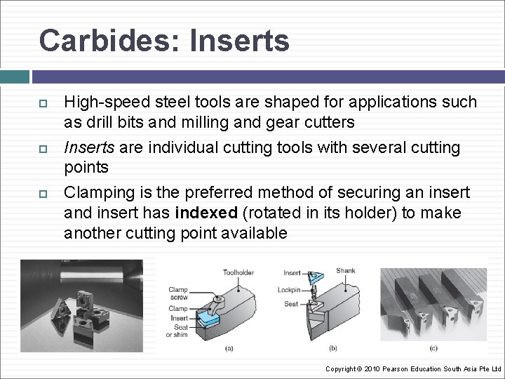 Carbides: Inserts High-speed steel tools are shaped for applications such as drill bits and