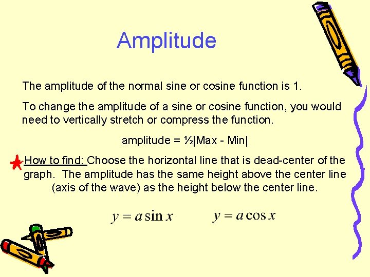 Amplitude The amplitude of the normal sine or cosine function is 1. To change
