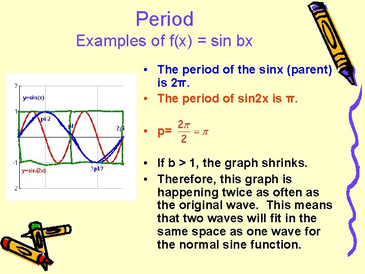 Period Examples of f(x) = sin bx • The period of the sinx (parent)