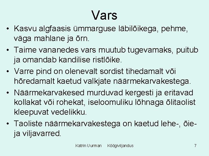 Vars • Kasvu algfaasis ümmarguse läbilõikega, pehme, väga mahlane ja õrn. • Taime vananedes