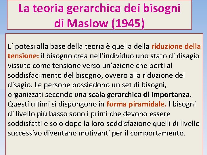 La teoria gerarchica dei bisogni di Maslow (1945) L’ipotesi alla base della teoria è