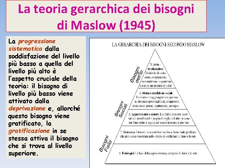 La teoria gerarchica dei bisogni di Maslow (1945) La progressione sistematica dalla soddisfazione del