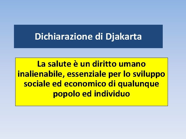 Dichiarazione di Djakarta La salute è un diritto umano inalienabile, essenziale per lo sviluppo