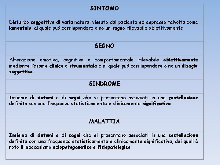 SINTOMO Disturbo soggettivo di varia natura, vissuto dal paziente ed espresso talvolta come lamentela,