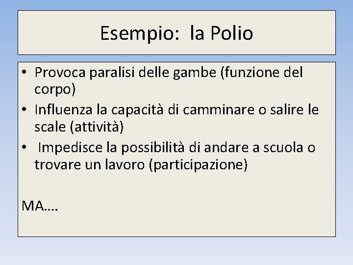 Esempio: la Polio • Provoca paralisi delle gambe (funzione del corpo) • Influenza la