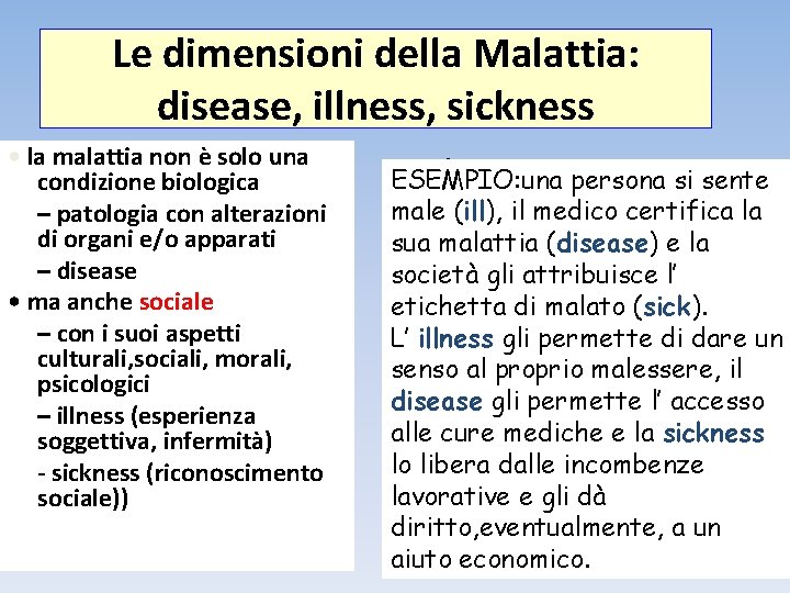 Le dimensioni della Malattia: disease, illness, sickness • la malattia non è solo una
