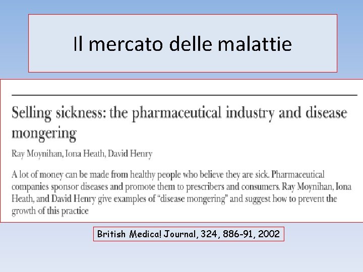 Il mercato delle malattie British Medica! Journal, 324, 886 -91, 2002 