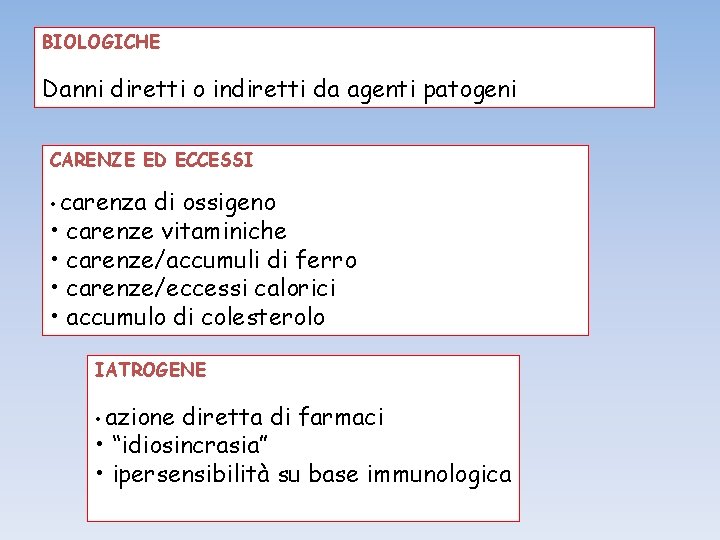 BIOLOGICHE Danni diretti o indiretti da agenti patogeni CARENZE ED ECCESSI carenza di ossigeno