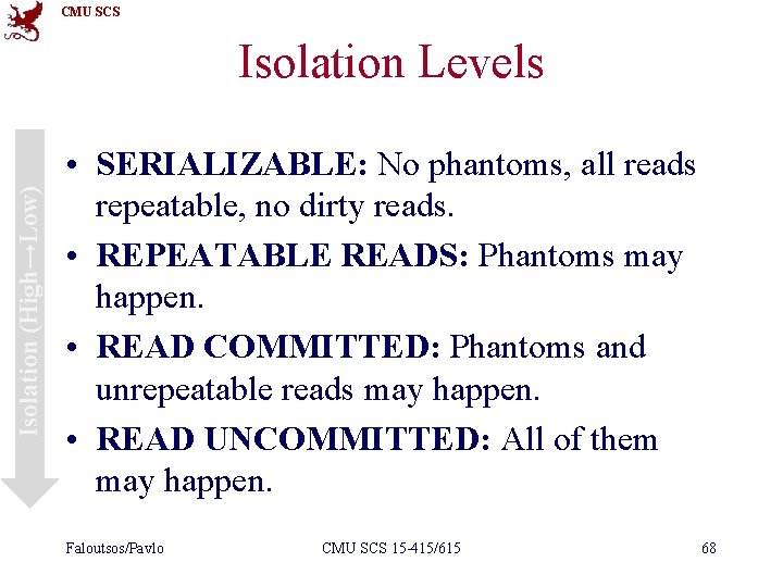 CMU SCS Isolation (High→Low) Isolation Levels • SERIALIZABLE: No phantoms, all reads repeatable, no