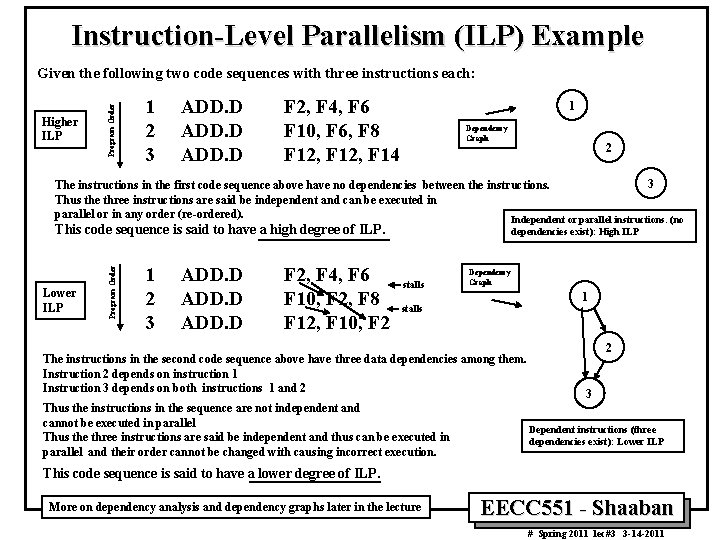 Instruction-Level Parallelism (ILP) Example Higher ILP Program Order Given the following two code sequences