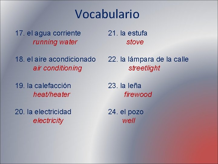Vocabulario 17. el agua corriente running water 21. la estufa stove 18. el aire