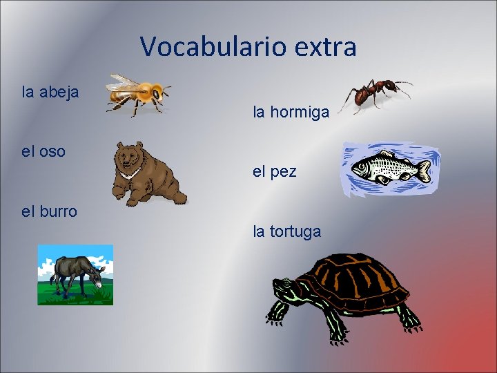 Vocabulario extra la abeja la hormiga el oso el pez el burro la tortuga