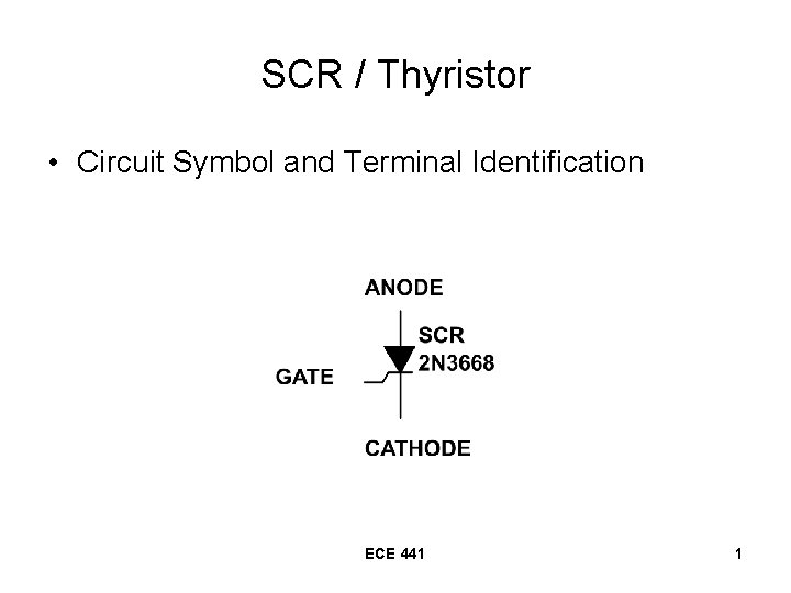 SCR / Thyristor • Circuit Symbol and Terminal Identification ECE 441 1 