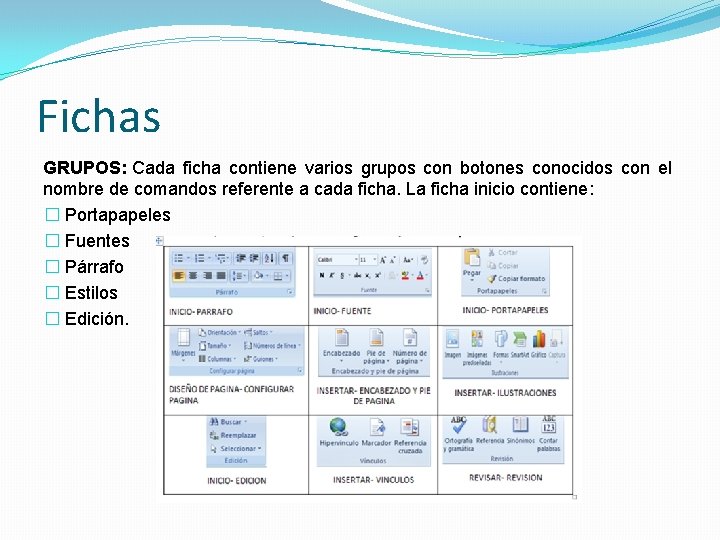 Fichas GRUPOS: Cada ficha contiene varios grupos con botones conocidos con el nombre de