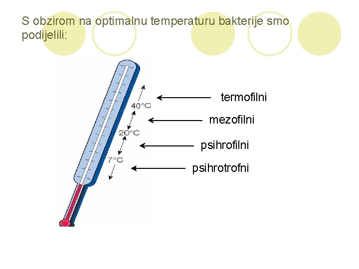 S obzirom na optimalnu temperaturu bakterije smo podijelili: termofilni mezofilni psihrotrofni 