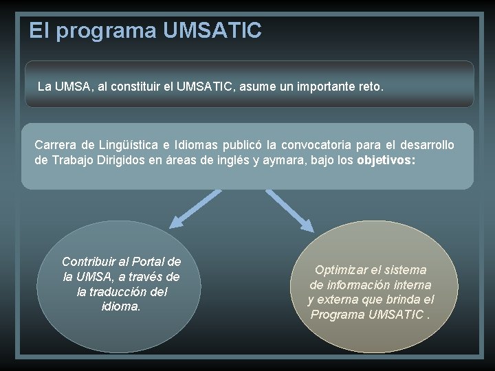 El programa UMSATIC La UMSA, al constituir el UMSATIC, asume un importante reto. Carrera