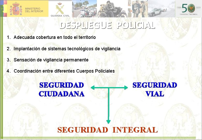 DESPLIEGUE POLICIAL 1. Adecuada cobertura en todo el territorio 2. Implantación de sistemas tecnológicos