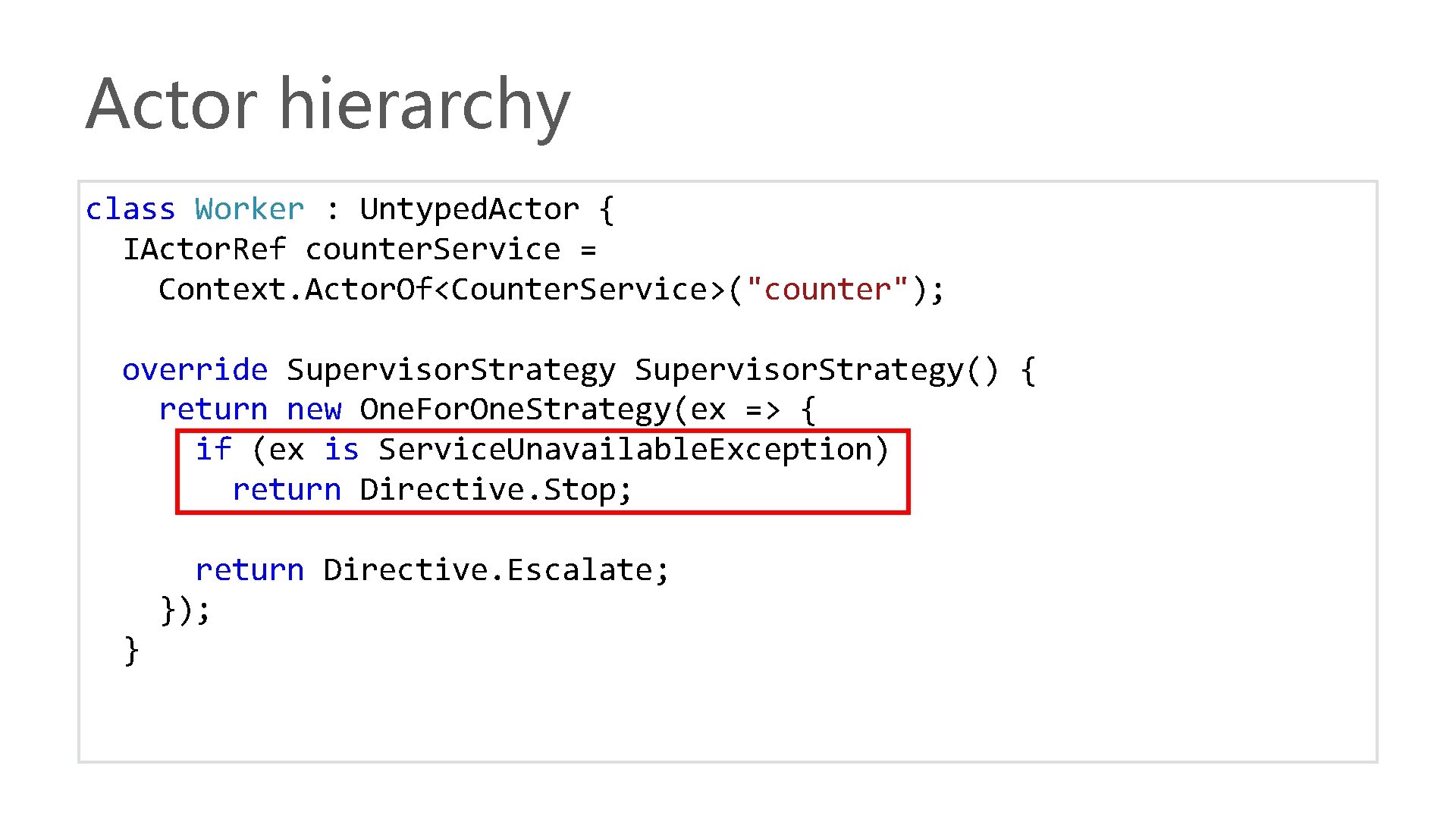 Actor hierarchy class Worker : Untyped. Actor { IActor. Ref counter. Service = Context.