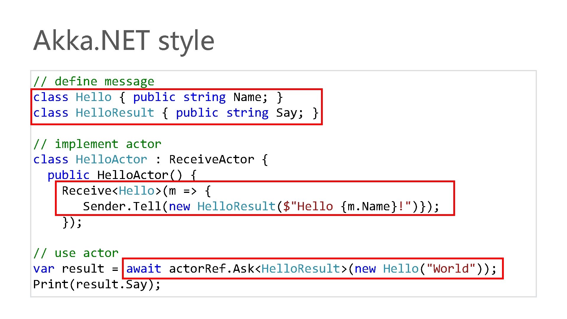 Akka. NET style // define message class Hello { public string Name; } class