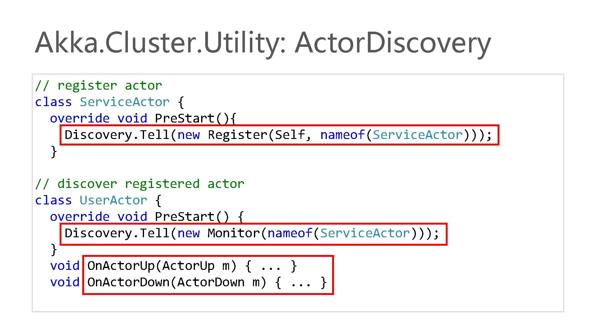 Akka. Cluster. Utility: Actor. Discovery // register actor class Service. Actor { override void