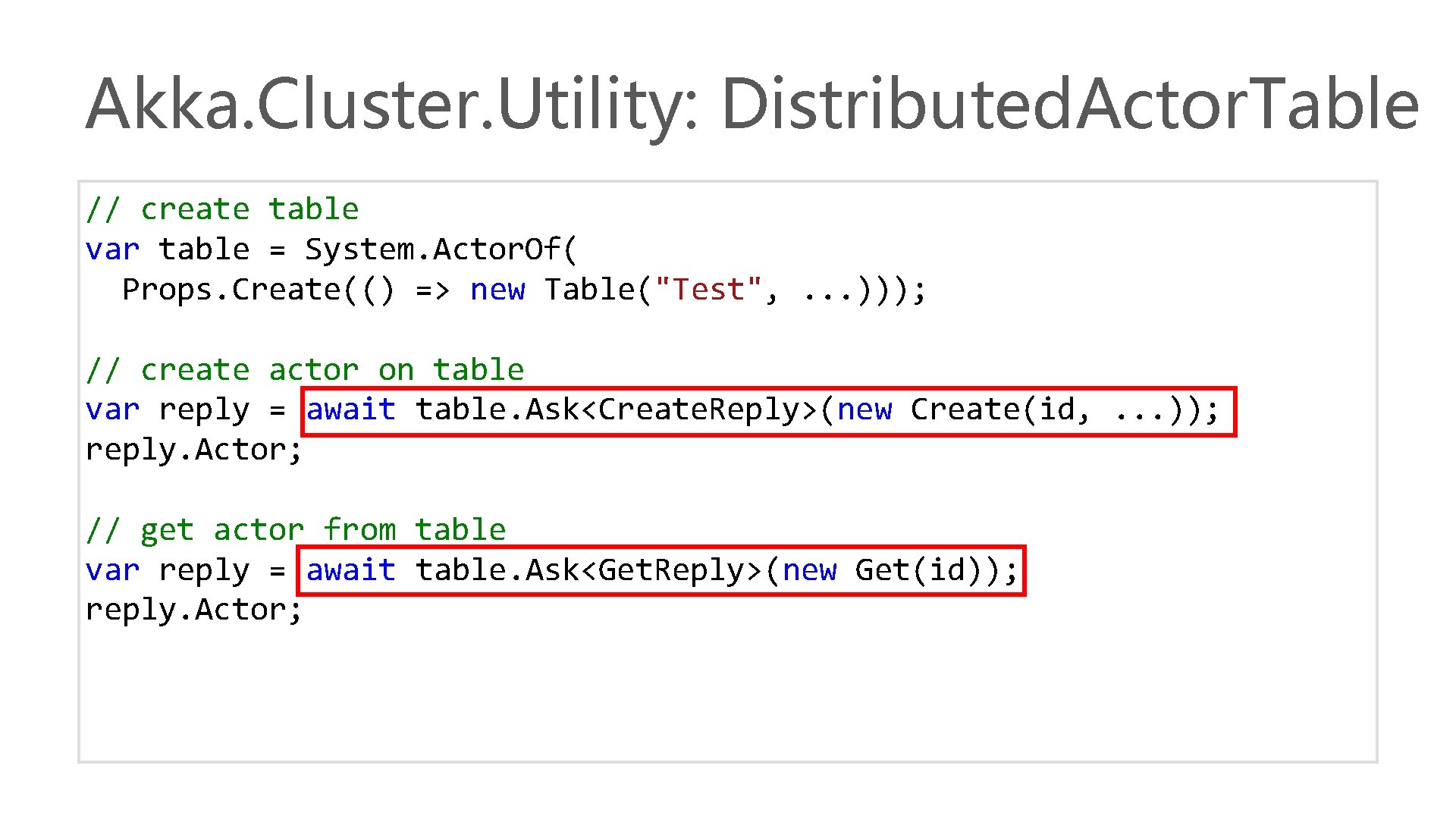 Akka. Cluster. Utility: Distributed. Actor. Table // create table var table = System. Actor.