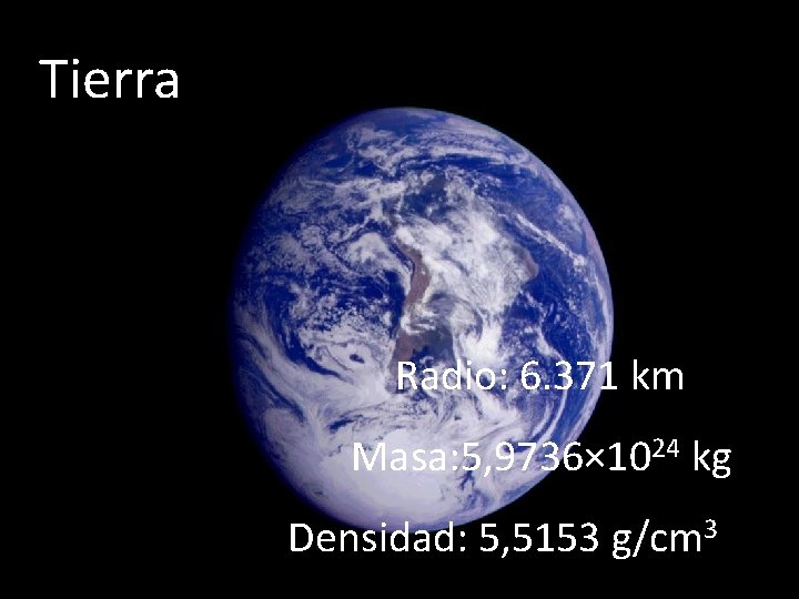 Tierra Radio: 6. 371 km Masa: 5, 9736× 1024 kg Densidad: 5, 5153 g/cm