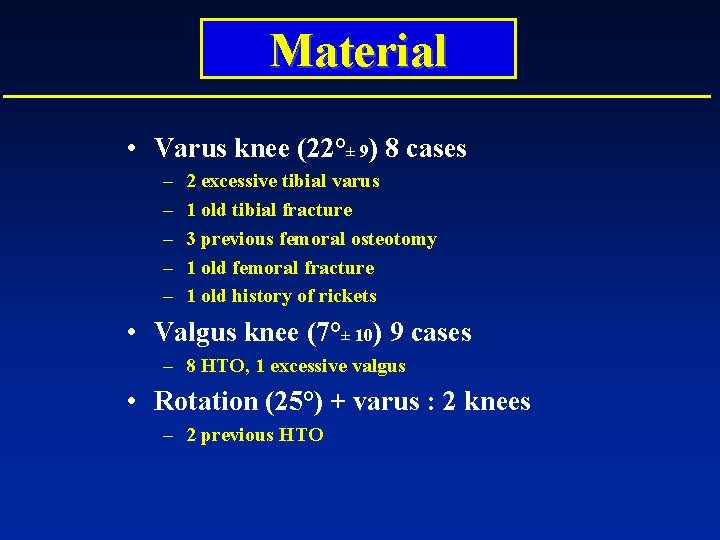 Material • Varus knee (22°± 9) 8 cases – – – 2 excessive tibial