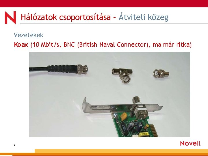 Hálózatok csoportosítása – Átviteli közeg Vezetékek Koax (10 Mbit/s, BNC (British Naval Connector), ma