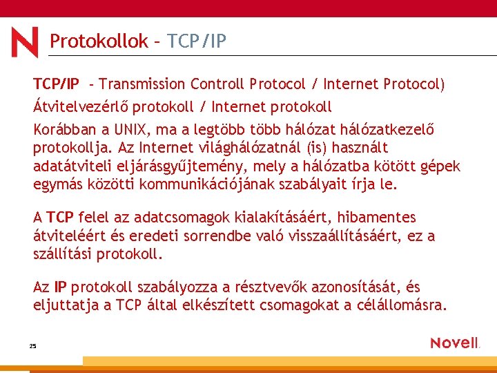 Protokollok – TCP/IP - Transmission Controll Protocol / Internet Protocol) Átvitelvezérlő protokoll / Internet