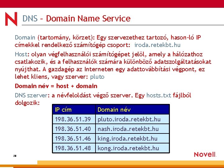 DNS – Domain Name Service Domain (tartomány, körzet): Egy szervezethez tartozó, hason-ló IP címekkel