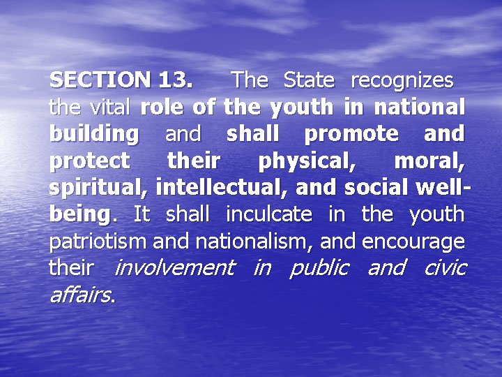 SECTION 13. The State recognizes the vital role of the youth in national building