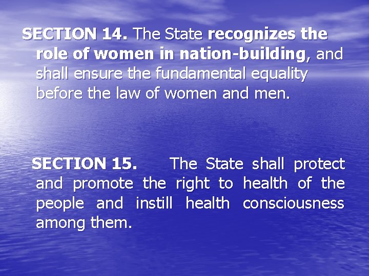 SECTION 14. The State recognizes the role of women in nation-building, and shall ensure