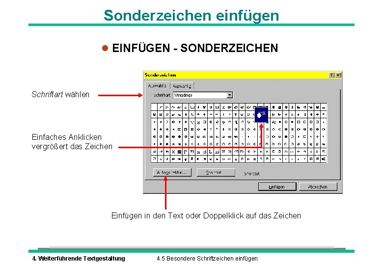 Sonderzeichen einfügen l EINFÜGEN - SONDERZEICHEN Schriftart wählen Einfaches Anklicken vergrößert das Zeichen Einfügen