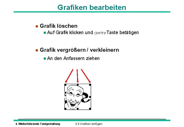 Grafiken bearbeiten l Grafik löschen l Auf Grafik klicken und (ENTF)-Taste betätigen l Grafik