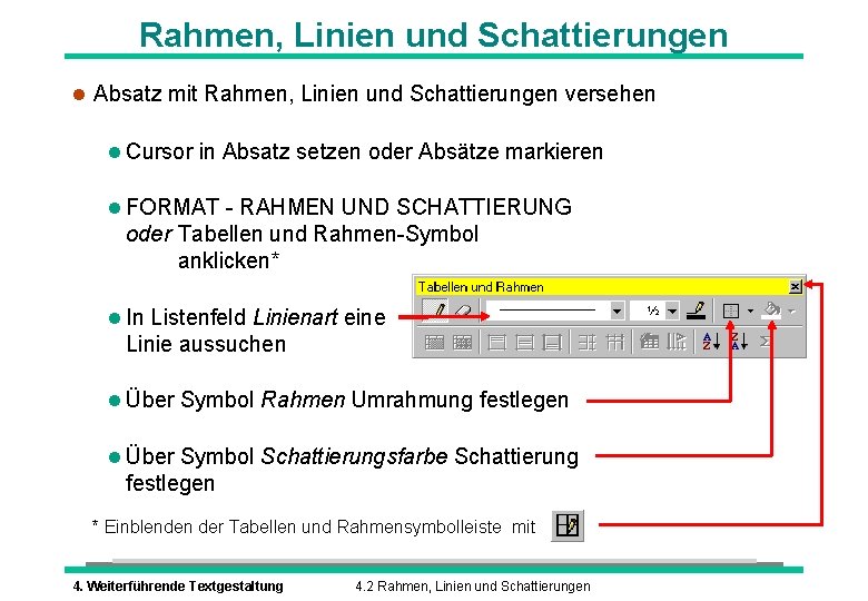 Rahmen, Linien und Schattierungen l Absatz mit Rahmen, Linien und Schattierungen versehen l Cursor