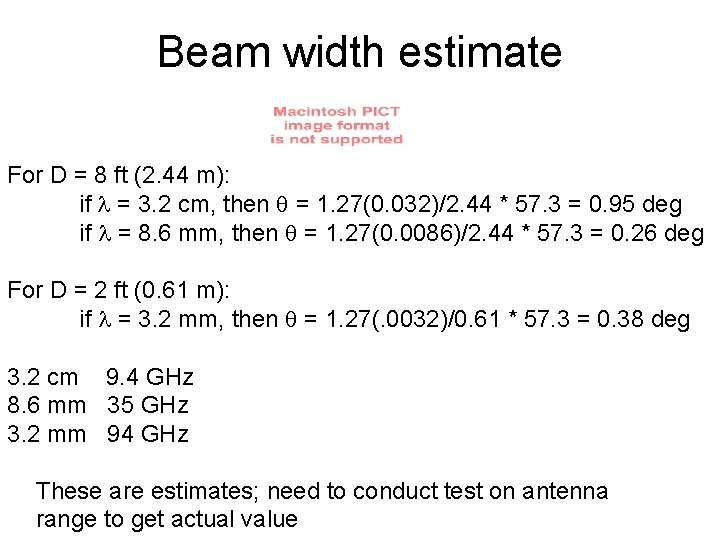 Beam width estimate For D = 8 ft (2. 44 m): if = 3.