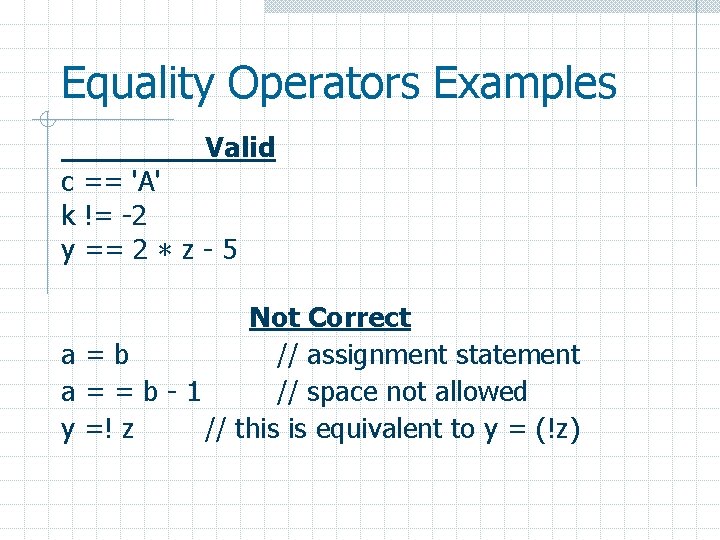 Equality Operators Examples Valid c == 'A' k != -2 y == 2 *