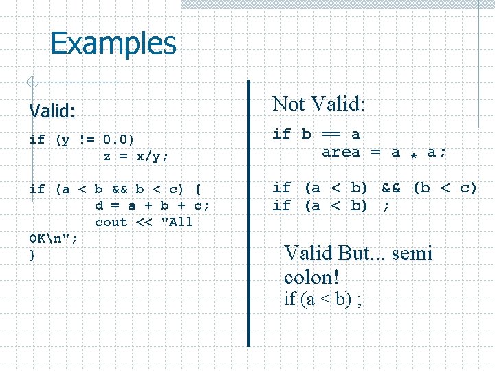 Examples Valid: Not Valid: Valid if (y != 0. 0) z = x/y; if