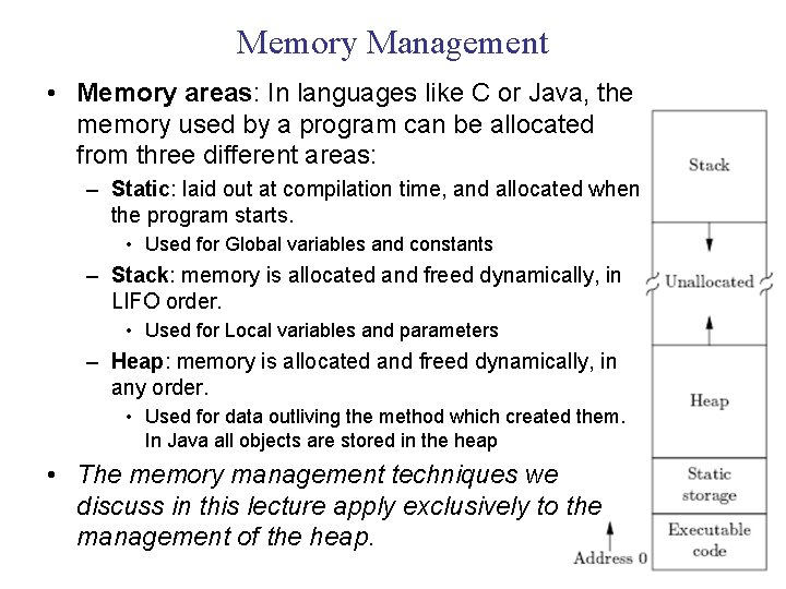 Memory Management • Memory areas: In languages like C or Java, the memory used